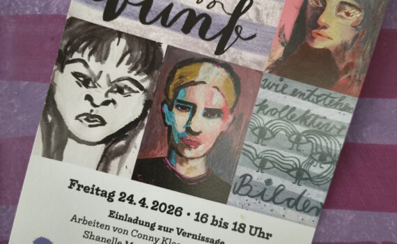 Flyer zur Vernissage auf lila gestreiftem Hintergrund